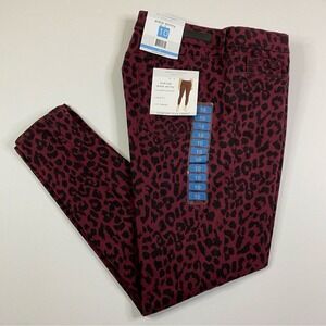 NEW Social Standard Ankle Skinny Jeans Women's 10 Burgundy Leopard Print Stretch
